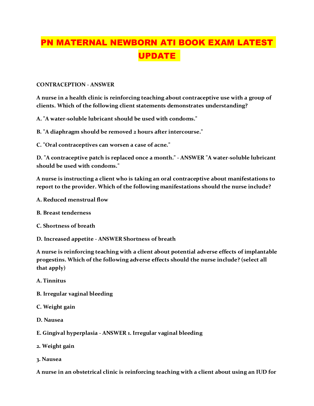 Preview image for PN MATERNAL NEWBORN ATI BOOK EXAM LATEST UPDATE